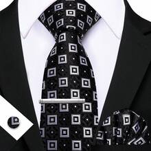 4pcs Men's Business Tie Dark Grey Black Plaid Checks Geometric Floral Jacquard Ties Formal Fashion Necktie Hanky Square Clip Set Wedding Party Gift - Multicolor - View 19