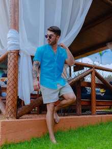 Men's Short-Sleeve Shirt With Mandarin Collar And Linen-Look - Assorted Colors - Comfortable - Cadet Blue - View 4