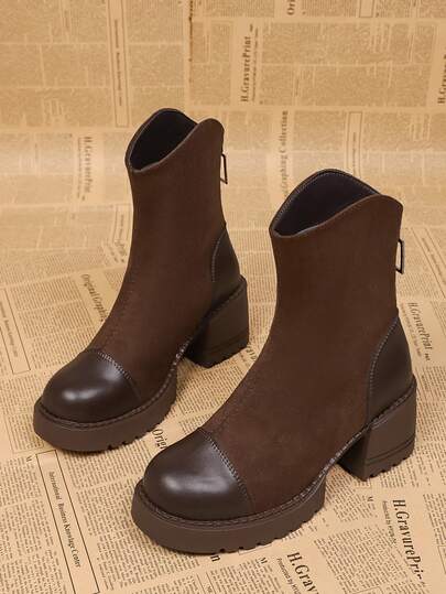 优雅复古高跟踝靴，2025秋冬新款时尚皮革麂皮拼接后拉链踝靴，百搭通勤时尚靴