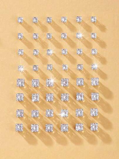 17KM 48/24pcs Fashionable Minimalist Elegant Cute Square Cubic Zirconia Stud Earrings Set, Suitable For Holiday, Party, Date, Gift, Daily Wear