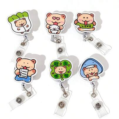 1pc Cute Bear Retractable ID Badge Reel, Stretchy For Office, Student, Nurse