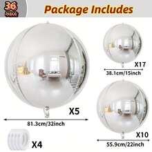 36pcs Silver Polyester Film Balloons (32-Inch, 22-Inch, 15-Inch), Large 4D Giant Round Foil Balloons, Large Mirrored Metallic Balloons, Suitable For Birthday Party Gender Reveal Supplies, Balloon Decorations, Large Foil Happy Birthday Balloons, Bubble Balloons, Halloween Balloons, Bow Balloons, Event Supplies, Party Decorations, Mirror Effect, Glossy Surface, Lightweight Balloons, Decorative Balloons, Event Organizers, Birthday Celebrations. - Bạc - Xem 2