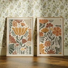 两幅波西米亚风花卉墙画 - 充满活力的野花和树叶设计，无框帆布画，适用于客厅、卧室、儿童房装饰，室内/室外皆可使用，现代经典风格，无框墙面装饰，朋克风格，无框帆布画，墙面装饰 - 彩色 - 查看 11