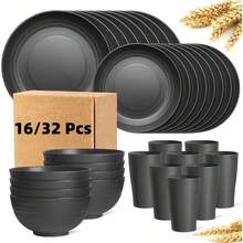 CCAGU 16/32pcs Kitchen Wheat Straw Large Size Dinnerware Set, For 4/8, Unbreakable Modern Dish Set Dinner Plate/Dessert Plate/Cereal Bowl/Cup, Lightweight Tableware, Camping And Everyday Use, Gifts For Men/Women/Christmas/Halloween (Black) - 黑色 - 查看 1