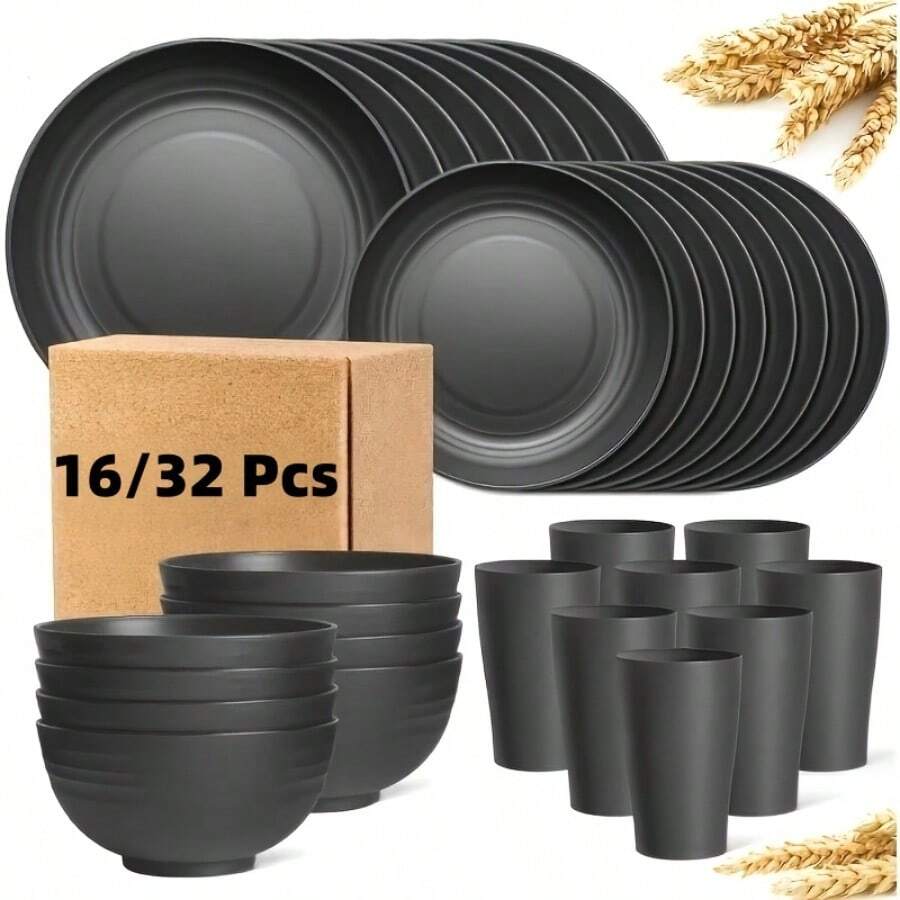 CCAGU 16/32pcs Kitchen Wheat Straw Large Size Dinnerware Set, For 4/8, Unbreakable Modern Dish Set Dinner Plate/Dessert Plate/Cereal Bowl/Cup, Lightweight Tableware, Camping And Everyday Use, Gifts For Men/Women/Christmas/Halloween (Black) - 黑色 - 查看 1