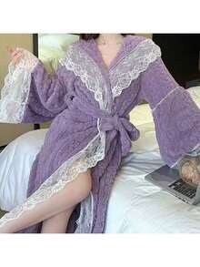 女士婚礼季系带连帽浴袍，多种厚度可选，金色天鹅绒蕾丝连帽性感浴袍，拼接设计，甜美舒适，可爱休闲系带家居服，保暖宽松 - 舒适珊瑚绒面料，性感浴袍 - 彩色 - 查看 16