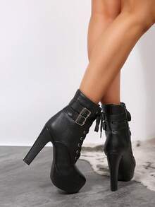 Thick Heeled Round Toe High-Heeled Waterproof Platform Short Tube, Side Zipper, Fashionable Women's Boots, Solid Color Metal Strip With Buckle, Women's Winter Boots,High Heels - Black - View 6