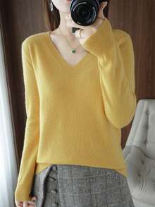 Jersey Casual de Manga Larga Cuello en V para Mujer, Suave y Cómodo - Amarillo - Ver 2