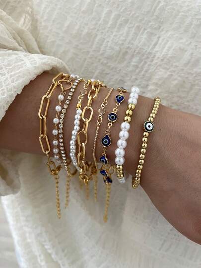9件套优雅仿珍珠水晶心形辟邪手链套装，时尚珠宝礼品，适合女士约会、派对、生日、节日、日常佩戴