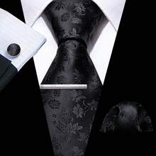 4pcs Men's Business Tie Dark Grey Black Plaid Checks Geometric Floral Jacquard Ties Formal Fashion Necktie Hanky Square Clip Set Wedding Party Gift - Multicolor - View 7