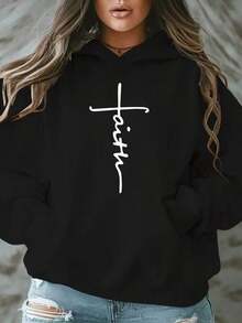 Christmas Outfit WomenA Women's Casual Hooded Sweatshirt With "Faith" Printed On It, Autumn/Winter Knit Long-Sleeve Sweatshirt With Pockets, Suitable For Various Occasions.Loose And Comfortablewinter Clothes For Women - (紅色的) - 查看 10