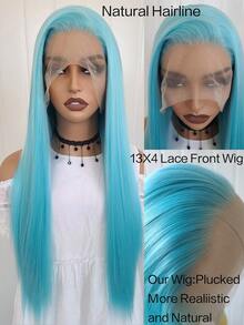 13x4 Elegant 26 Inch Blue Lace Front Wig, Synthetic Lace Front Wig With Pre-Plucked Hairline, Heat Resistant Fiber Hair, Silky Straight Wig For Women, Cosplay, Party, Daily Use - Baby Blue - View 4