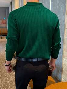 ALTZTAR 男士宽松修身长袖条纹针织 Polo 衫，简约时尚，适合日常通勤、春秋季穿着。 - 墨綠色 - 查看 2
