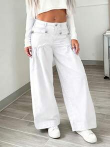 Fashionable Personalized Street Style Commuting Design Pleated Front Pocket Women Loose Straight Leg Jeans - Putih - View 3