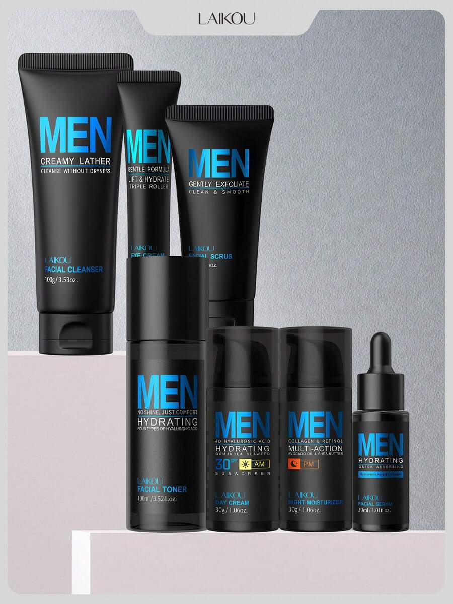 1 Set 7pcs Laikou Men's Oil Control Skincare Set (Pore Minimizing Skincare Gift Box, Pore Tightening Skincare Gift Bag, Suitable For All Skin Types, Gift For Dad) - 7pcs - View 1