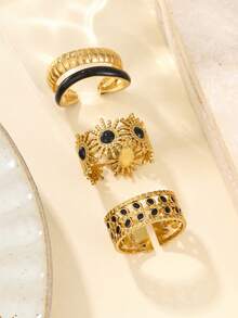 Set de 3 anillos de acero inoxidable negro con gota de aceite, estilo minimalista, adecuado para uso diario de mujeres o como regalo - Amarillo Oro - Ver 3