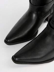 Giày bốt cao gót dày, chất liệu da PU, khóa cài kiểu Anh, khóa kéo sau, dành cho nữ, màu trơn, thời trang tối giản, đa năng, cao đến đầu gối, mùa thu/đông - màu đen - Xem 3