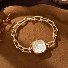 xinyunkou Square Women's Watch, Rose Gold Thick Chain Rhinestone Quartz Wrist Watch, Fashionable Stacking Style Suitable For Outfits