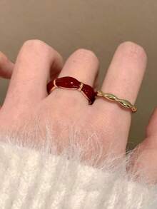 1 PC Gold Plated Floral Ring Open Adjustable Design Red Enamel Accents Irregular Flower Shape Stackable Vintage Style Jewelry For Women Daily Wear Wedding Party Festival Gift