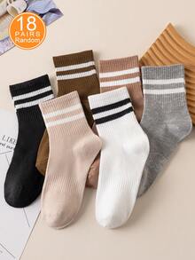 6 Pairs Women's Striped Business & Casual Socks With Elastic Band, Soft, Comfortable, Fashionable & Elegant Mid-Calf Socks For Daily Wear