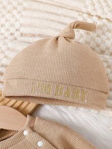 3pcs Newborn Baby Casual Knit Crew Neck Raglan Sleeve Embroidered Sweatshirt, Elastic Waist Pants And Hat Set, Autumn/Winter