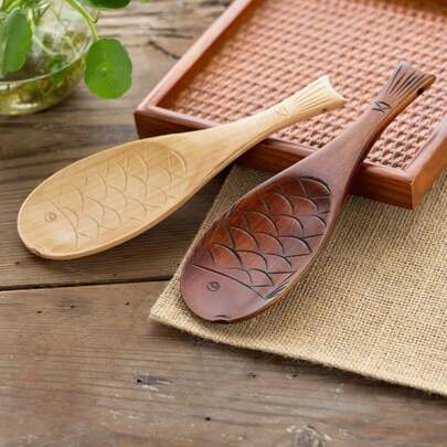 1pc Wooden Rice Paddle, Fish-Shaped Kitchen Rice Spoon, Cute Fish-Shaped Rice Spoon, Retro Wooden Rice Spoon, For Rice, Potato Salad, Desserts, Carved Design, Natural, Cooking Utensil Household Kitchen Spoon