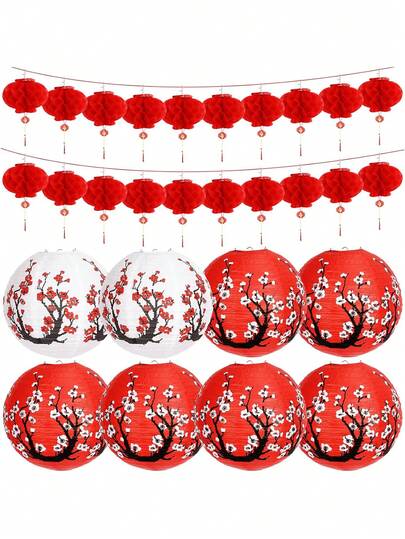 16pcs Chinese Paper Lanterns - Party Decorations Kit For Home - 6 Lanterns And 10 Red Chinese Lanterns Decors For New Year, Spring Festival, Wedding, Party, Wedding Occasion, Bridal Shower Occasion, Universal Occasion