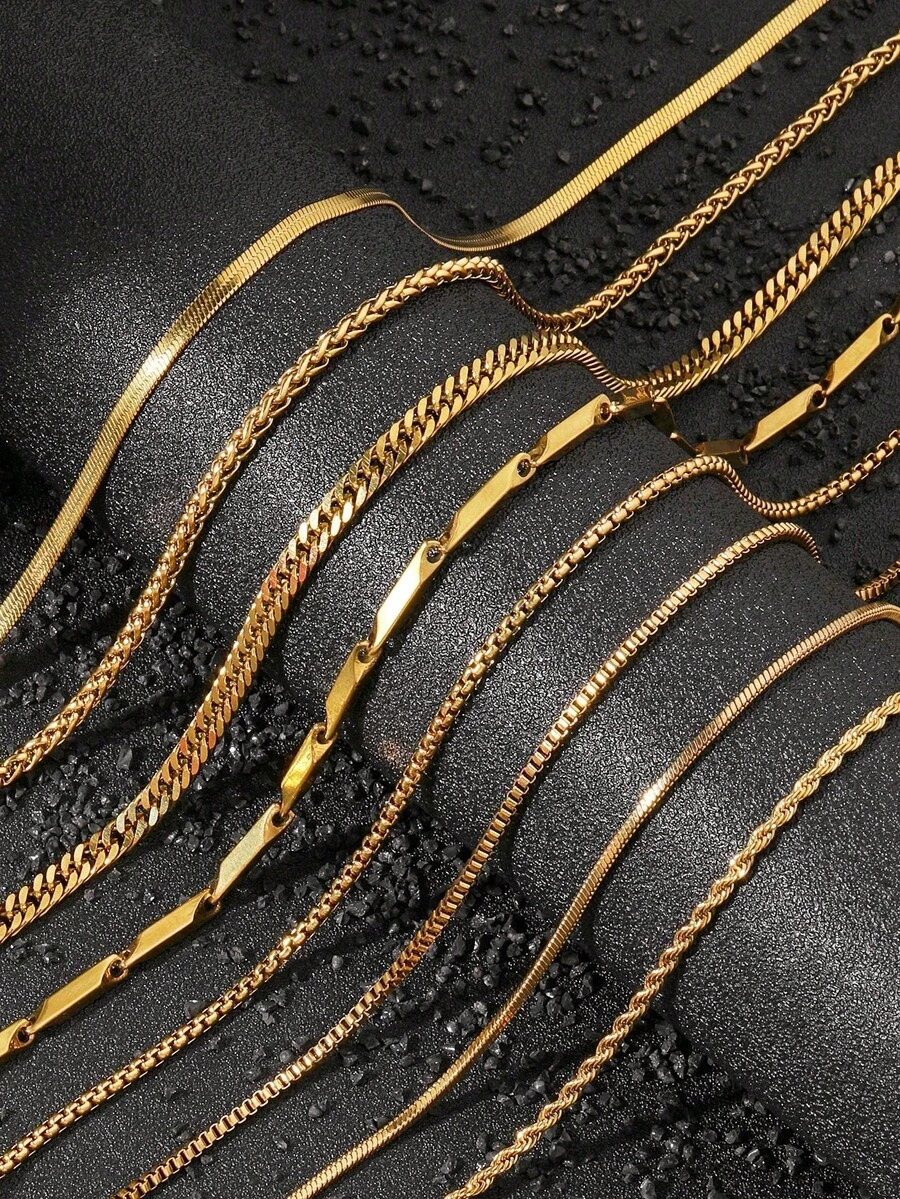 8pcs Stainless Steel Gold Necklace Snake Bone Necklace Keel Necklace Twisted Necklace Blade Necklace Block Necklace Men's Summer Jewelry Women's Necklace DIY Necklace For Everyday Wear