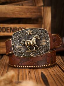 1pc Western Style Bull Head Buckle PU Embossed Belt With Rivet Design, Vintage & Personalized (Hole Puncher Included) Halloween, Casual, Business, Street,   Boho, Western, Outdoor, Gift For Men, Husband, Boyfriend, Father, Dad, Christmas - As Shown - View 14