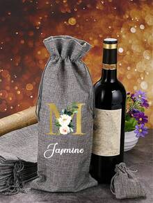 Personalized Linen Wine Bottle Storage Drawstring Bag, Floral Alphabet A-Z Printed On Linen Fabric, Thick Burlap Material, Linen Gift Bag With Drawstring Closure, Reusable And Durable, Suitable For Wine Bottle Storage, Home Organization, Gift Packaging For Parties, Weddings, Holidays And Christmas, Also Ideal As New Year Gift - Multicolor - View 9