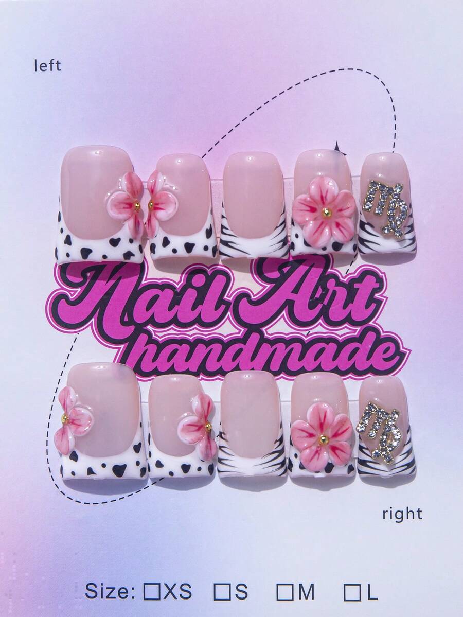 10pcs/Set Handmade Square Nail Tips, Y2K Baddie Style, Nude, White,Pink Color With French Tips & Polka Dot Design, Suitable For Women & Girls, Party, Wedding, Daily Wear, Comes With Tool Kit, Great Gift For Ladies Nails - Black and White - View 1