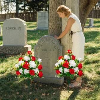 Plastic Artificial Memorial Rose Bouquets,Cemetery Flower Arrangement,Vibrant Red White Roses,Durable Grave Flowers, Memorial Day Decorations,Long-Lasting Outdoor Funeral Decor,For Home Outdoor Garden Decoration, Porch Cemetery Wedding Decor, Indoor Outdoor Valentine Day Gift