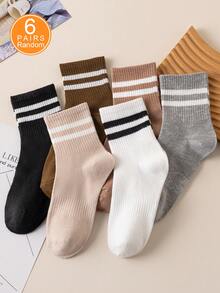 6 Pairs Women's Striped Business & Casual Socks With Elastic Band, Soft, Comfortable, Fashionable & Elegant Mid-Calf Socks For Daily Wear