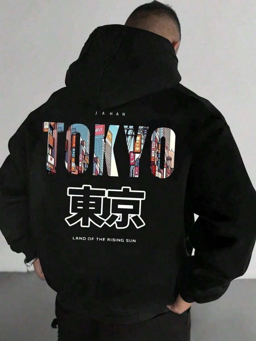 Men's Casual Tokyo Pattern Printed Hooded Sweatshirt - Bright Green Japanese Slogans And Landmarks Regular Version Long-Sleeved Pul Spring And Autumn Machine-Washable Urban Street Style Tokyo Themed Clothing Loose And Comfo Hoodie For Women Sweatshirts For Women Hoodies For Men 's Hoodie Sweatshirts For Men - 黑色 - 查看 1