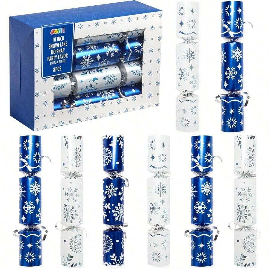 8 Pack 10 Christmas Party Table Favor Non-Snap With Blue And White Snowflake Design With Party Hat Joke And Little Gift Inside For Xmas Gift Christmas Seasonal Holiday Dinner Traditions