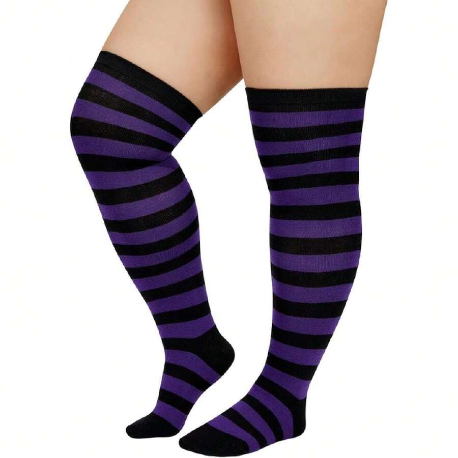 Plus Size Thigh High Socks For Women Thick Striped Cotton Extra Long Over The Knee High Socks Leg Warmers,27866057 - 黑色 - 查看 1