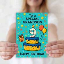 بطاقة تهنئة عيد ميلاد احتفالية مع مغلف (11 سم * 16 سم) - "عيد ميلاد سعيد لحفيد خاص"، مشهد احتفالي مع كعكة وبالونات، مثالية للعائلة والحفيد، مناسبة لاحتفالات عيد الميلاد، بطاقة تهنئة عيد ميلاد | بطاقة كعكة عيد الميلاد | بطاقة ترحيب ورقية