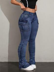 Women's Denim Work Pants, Multi Pocket Pleated Jeans - 藍色 - 查看 5