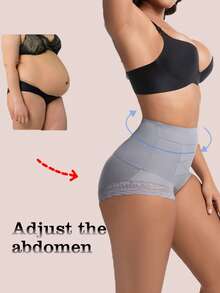 1pc High Waist Lace Design Slimming Panties, Waist Cincher Shapewear For Women