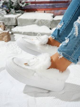 Women's Winter Slip On Ankle Boots With Faux Fur Collar, Soft Sole Fabric, Outdoor Comfort - Purple/Black/White/Lavender/Beige