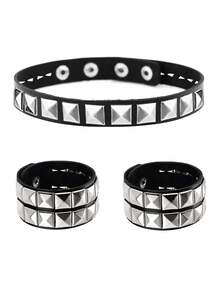 Punk Rock Faux Leather Studded Necklace Bracelet Set, Unisex Choker Wristband For Daily, Festival, Party Outfit, Gothic Choker Bracelet Set