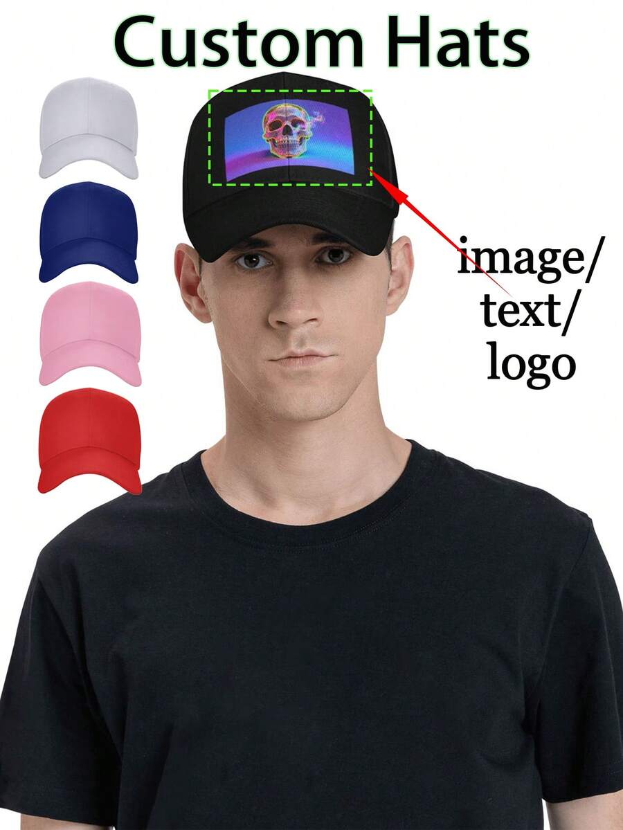 1 pieza Gorra de béisbol personalizada, Gorra con foto personalizada, Imagen/Texto/Logo personalizable, Unisex, Gorra de béisbol con logo personalizable para hombres y mujeres, 5 colores: Negro/Azul/Rosa/Rojo/Blanco. - Negro - Ver 1