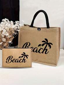 大容量亚麻手提袋，饰有“沙滩”棕榈树字母图案，便携大容量购物袋，亚麻手柄手提袋，多功能收纳袋，个性化礼品袋，手提袋，大容量购物袋，旅行包，适合旅行、购物、度假、返校、聚会，是生日、教师节、周年纪念日、节日礼物、派对活动礼物的理想之选。 - 彩色 - 查看 5
