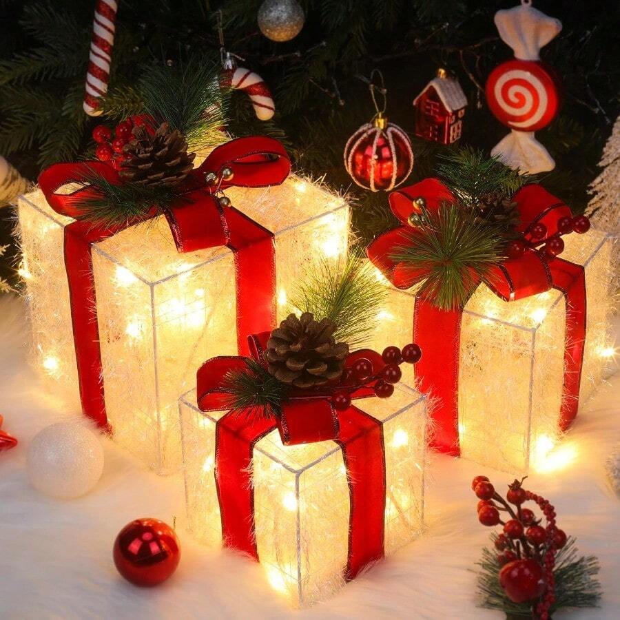 Christmas Decorations Indoor Quntis Lighted Gift Boxes 8 Modes And Timing Function Set Of 3 Light Up Present Boxes With 60 LEDs Christmas Home Decor Ornaments For Holiday Party Xmas