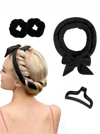 这款4件套女士长发卷发器套装包含2根发圈、1个卷发棒和1个卷发夹。它内置柔韧金属丝，方便夜间使用；高弹橡胶填充物柔软耐用；无热卷发夹适用于普通发质。这款懒人卷发工具，让您在睡梦中也能轻松打造欧美风大波浪卷发。