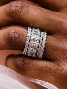 4件套奢华立方氧化锆戒指套装，女士婚礼订婚派对珠宝，情人节礼物 - 1# - 查看 13