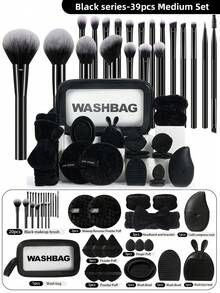 39PCS Makeup Tools Set Including:1pc Multi-Functional Zipper Toiletry And Cosmetic Bag Waterproof+20PCS Makeup Brush Sets+3PCS Triangle Powder Puffs+3PCS Mini Air Cushion Powder Puffs+3PCS Air Cushion Powder Puffs+2PCS Facial Cleansing Sponges+1pc Facial Ice Compress Instrument+1pc Facial Cleansing Brush+1pc Hairband+2PCS Hand Bowl Strap+2PCS Makeup Brush Cleaning Tools,Travel,Travel Essential,Valentine's Day,Cheap,Travel Makeup Brush,Gifts For Women,Makeup Artist,Professional Complete Makeup Kit - Black - View 13