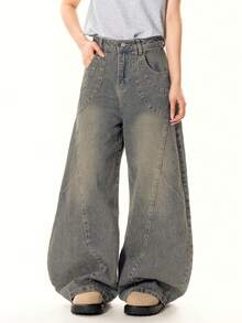 Men's Casual Patchwork Loose Ripped Straight Leg Pants, Japanese Street Style - Teal Blue - View 5