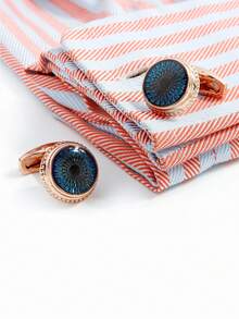 Shiny Blue Floral Pattern Round Rose Gold Men's Cufflinks - A - View 4