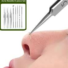 8PCS Blackhead Remover Comedone Extractor, Curved Blackhead Tweezers Kit, Professional Stainless Pimple Acne Blemish Removal Tools Kit For Manual - Silver - View 2